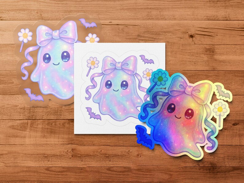 Cute Ghost Sticker, Holographic Bow Ghost, Kawaii Halloween Decal, Pastel Aesthetic, Planner Accessories, Laptop Sticker