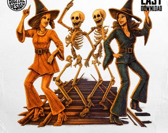 Brujas bailando PNG, Esqueleto PNG, Imágenes prediseñadas de Halloween, Esqueletos bailando, Descarga digital, Sublimación de brujas, Arte divertido de Halloween