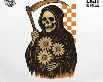 Grim Reaper PNG, Death with Flowers Png, Floral Reaper, Dark Humor Png, Grim Reaper Clipart, Digital Download, Funny Y2K, Retro Skeleton