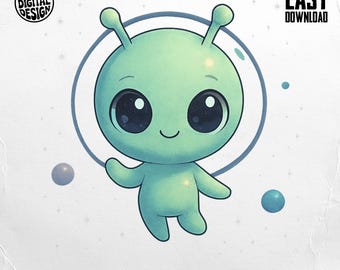 Cute Alien PNG, Kawaii Alien Clipart, Outer Space Png, Alien Sublimation, Digital Download, Cartoon Alien Design