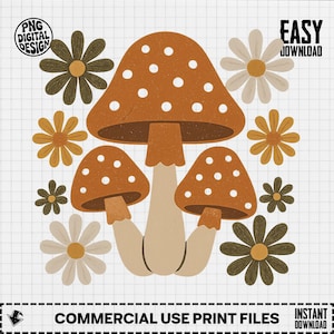 Mushroom Clipart PNG, Floral Mushroom Png, Retro Mushroom Sublimation, Mushroom Illustration, Digital Download, Groovy Design
