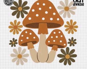 Imágenes prediseñadas de hongos retro en formato PNG: Ilustración floral moderna (descarga digital)