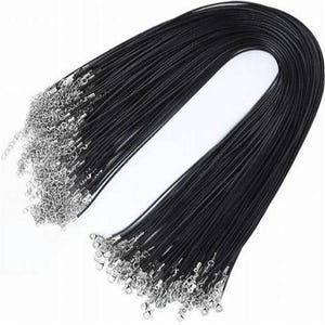 May include: A bulk pack of 50 black waxed cotton cords with silver lobster clasps. Each cord is approximately 18 inches long.