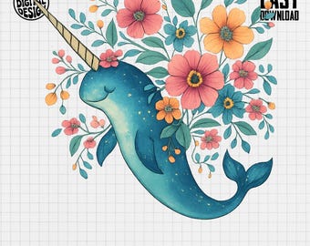 Blumen-Narwal PNG, niedliche Narwal-Clipart, Aquarell-Narwal-Png, Blumen-Png, Ozeantier-Sublimation, digitaler Download-Kunst