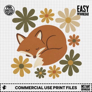 Sleeping Fox PNG, Cute Fox Clipart, Floral Fox Png, Fox Sublimation, Boho Fox Design, Digital Download, Spring Fox