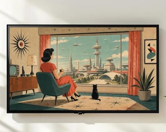 Marco de TV digital retrofuturista 16:9 4K, paisaje urbano de ciencia ficción atómica de mediados de siglo, arte de pantalla de TV vintage de la era espacial para sala de estar