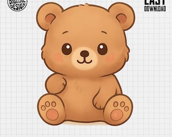 May include: A cute cartoon teddy bear illustration in shades of brown with rosy cheeks. The bear is sitting with its arms and legs outstretched. Text includes "PNG DIGITAL DESIGN", "EASY DOWNLOAD", "COMMERCIAL USE PRINT FILES", and "INSTANT DOWNLOAD".