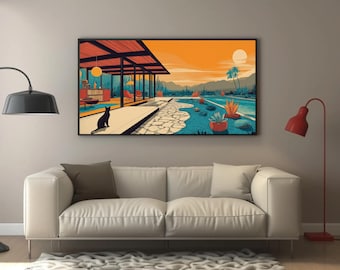 Lámina decorativa de estilo moderno de mediados de siglo con temática de una casa en el desierto, decoración retro de Palm Springs con un gato negro, arte digital descargable.