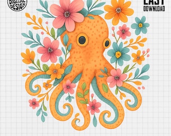Octopus With Flowers Png, Cute Octopus Clipart, Floral Octopus Png, Summer Png, Sea Animal Sublimation, Digital Download