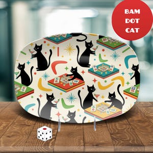 Prato de Mahjong Retrô Moderno de Meados do Século com Gato Preto Atômico, Prato Decorativo para Cozinha, 25x35 cm, Ideal para Servir Petiscos e Aperitivos, Presente Perfeito para Anfitriãs