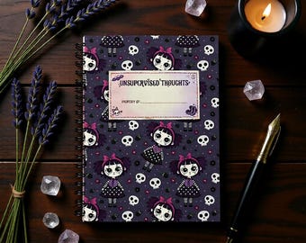 Muñeca morada espeluznante y adorable, diario personalizado Whimsigoth, cuaderno personalizado de regalo para escritores de la Academia Oscura, notas de estética alternativa