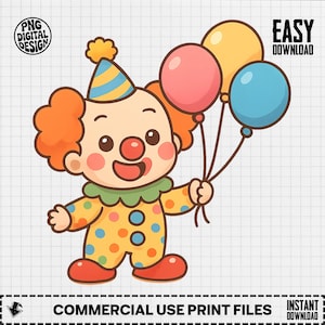 Cute Clown PNG, Cartoon Clown Clipart, Clown Balloons Png, Happy Clown Sublimation, Circus Clown Design, Digital Download