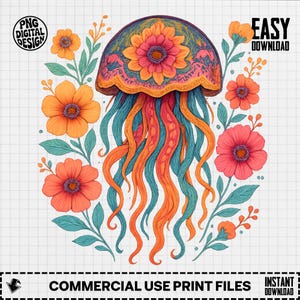Floral Jellyfish PNG, Flower Jellyfish Clipart, Ocean Png, Watercolor Png, Sea Life Sublimation, Digital Download, Flower Art