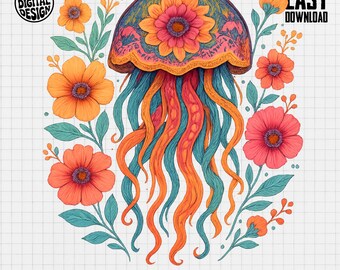 Floral Jellyfish PNG, Flower Jellyfish Clipart, Ocean Png, Watercolor Png, Sea Life Sublimation, Digital Download, Flower Art