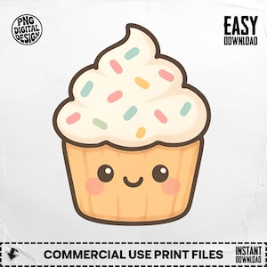 Può includere: Illustrazione di un cupcake dei cartoni animati con una faccia sorridente, base marrone chiaro e glassa bianca ricoperta di zuccherini colorati. L'immagine include il testo "PNG DIGITAL DESIGN", "EASY DOWNLOAD" e "COMMERCIAL USE PRINT FILES".