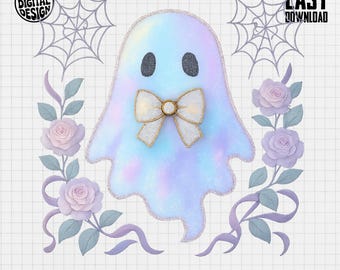 Cute Ghost PNG, Pastel Ghost Clipart, Bow Ghost Png, Halloween Png, Floral Ghost Sublimation, Digital Download Design