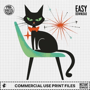 May include: A black cat with green eyes and an orange bow tie sits on a teal chair. A starburst design and the words "EASY DOWNLOAD" are in the background. The image also includes the text "PNG DIGITAL DESIGN" and "COMMERCIAL USE PRINT FILES".