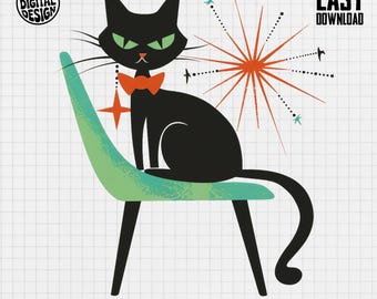 Retro Cat PNG, Mid Century Clipart, Atomic Cat Png, Space Age Png, Sitting Cat Sublimation, Digital Download,