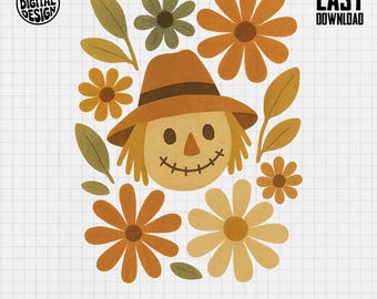 Scarecrow PNG, Autumn Scarecrow Clipart, Fall PNG, Retro Floral 70s Sublimation, Harvest Png, Digital Download, Cute Fall Design