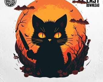 Halloween Cat PNG, Killer Cat Clipart, Spooky Cat Png, Halloween Png, Knife Cat Sublimation, Digital Download, Scary Halloween Design
