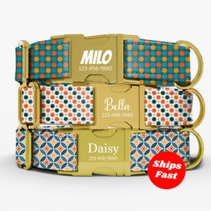 Personalized Dog Collar Custom Engraved Metal Buckle Identification Tag Accessory Polka Dot Retro Design Girl Boy Option Adjustable Size