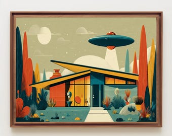 Lámina digital decorativa de pared con temática de ovnis para casas de estilo moderno de mediados de siglo, decoración retro de ciencia ficción con alienígenas, arte para sala de estar de la era atómica, descarga instantánea.