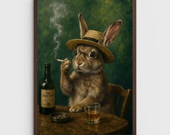 Cuadro decorativo de conejo fumando, retrato vintage de conejo, divertido animalito aficionado al whisky para imprimir, descarga digital original para la decoración de bares.