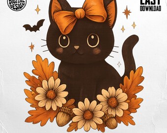 May include: A black cat illustration with a large orange bow, surrounded by fall foliage, flowers, and acorns. The image includes a bat, stars, and the text "PNG DIGITAL DESIGN" and "EASY DOWNLOAD". The bottom of the image reads "COMMERCIAL USE PRINT FILES".