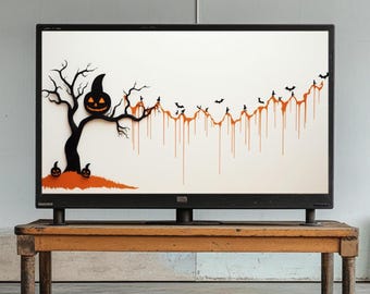 Marco de Halloween para TV, arte espeluznante de calabaza y murciélagos, descarga digital, decoración moderna de otoño, pantalla de inicio de truco o trato.