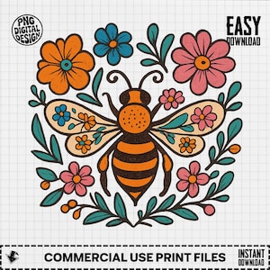Floral Bee PNG, Bee Clipart, Honey Bee Png, Flower Png, Bee Sublimation, Digital Download, Cute Bee Design