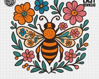 Floral Bee PNG, Bee Clipart, Honey Bee Png, Flower Png, Bee Sublimation, Digital Download, Cute Bee Design