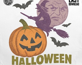 Strega di Halloween PNG, Zucca PNG, Luna di Halloween PNG, Clipart di Halloween vintage, Strega che cavalca una scopa, Download digitale