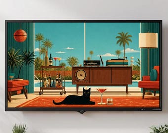 Arte para TV de estilo moderno de mediados de siglo, con marcos y bucles sin costuras, arte digital retro para sala de estar, decoración para el hogar con ambiente de Palm Springs estilo MCM.