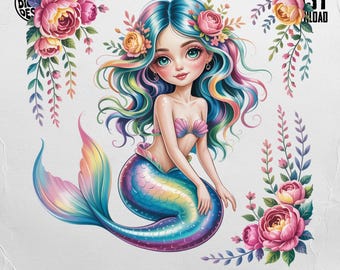 Cute Mermaid PNG, Floral Mermaid Clipart, Mermaid Digital Download PNG, Rainbow Mermaid Art, Mermaid Sublimation Design