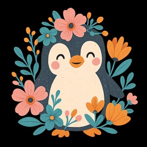 Cute Floral Penguin Illustration, Nursery Wall Art, Colorful Flowers, Kids Room Decor, Baby Shower Gift Idea, Animal Print