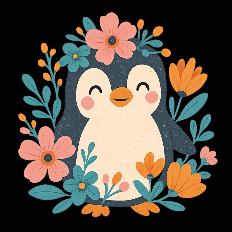 Cute Floral Penguin Illustration, Nursery Wall Art, Colorful Flowers, Kids Room Decor, Baby Shower Gift Idea, Animal Print