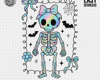 Pastel Skeleton PNG, Cute Skeleton Clipart, Halloween Skeleton Png, Girly Skeleton, Bow Sublimation, Digital Download