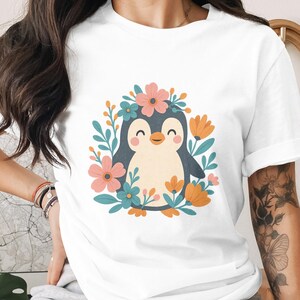 Cute Penguin Graphic T-Shirt, Floral Penguin Design, Women's Summer Casual Top, Colorful Flowers and Leaves Print Tee