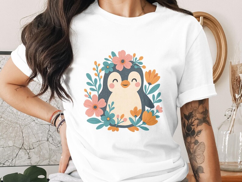 Cute Penguin Graphic T-Shirt, Floral Penguin Design, Women's Summer Casual Top, Colorful Flowers and Leaves Print Tee