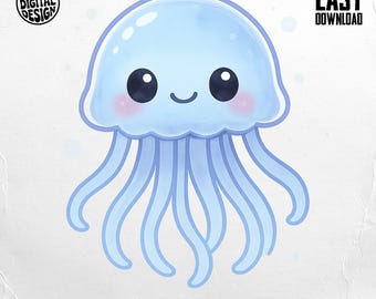 Cute Jellyfish PNG, Kawaii Jellyfish Clipart, Ocean Png, Sea Creature Sublimation, Digital Download, Cartoon Jellyfish Design