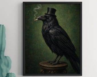 Cuadro decorativo de cuervo fumando, retrato gótico de pájaro, decoración vintage de cuervo para imprimir, descarga digital estilo Dark Academia para oficina.