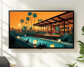 Arte de pared para sala de discos de estilo moderno de mediados de siglo, regalo para amantes de los gatos, decoración MCM, arte de TV enmarcado + relación de aspecto múltiple para exhibición en la pared