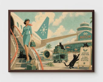 Marco de fotos retro con diseño de gato en el aeropuerto o descarga digital, lámina de gato negro de estilo moderno de mediados de siglo, arte mural vintage para viajes, proporción múltiple