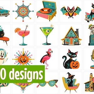 Retro Halloween PNG-paket, Atomic Mid Century Halloween Clipart, Vintage Halloween-grafik, Spooky Retro PNG:er, Kommersiellt bruk