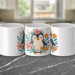 Penguin Coffee Mug, Cute Floral Penguin Cup, Garden Flowers Tea Mug, Animal Lover Gift Idea