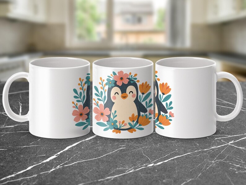 Penguin Coffee Mug, Cute Floral Penguin Cup, Garden Flowers Tea Mug, Animal Lover Gift Idea