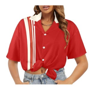 Vintage-Style Red & White Striped Button-Up Shirt With Short Sleeves For Women LARGE