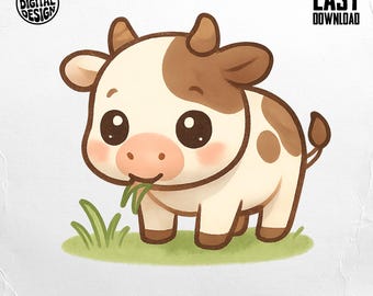 Cute Cow PNG, Cartoon Cow Clipart, Farm Animal Png, Cow Sublimation, Digital Download, Baby Animal Design, Kawaii Cow Art