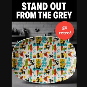 Midcentury Atomic Black Cat Platter Tray Kitchen Decor 1950s 1960s Retro Hostess Gift Idea Birthday Serving Plate Large Entertaining Tray