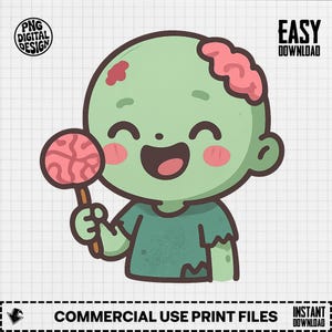 Cute Zombie PNG, Brain Lollipop, Spooky Season Png, Halloween Png, Zombie Clipart, Digital Download, Kawaii Halloween Design